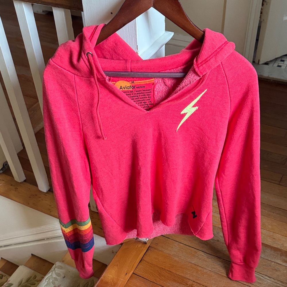 Aviator Nation Red Hoodie with Lightning Bolt & Rainbow Sleeve
